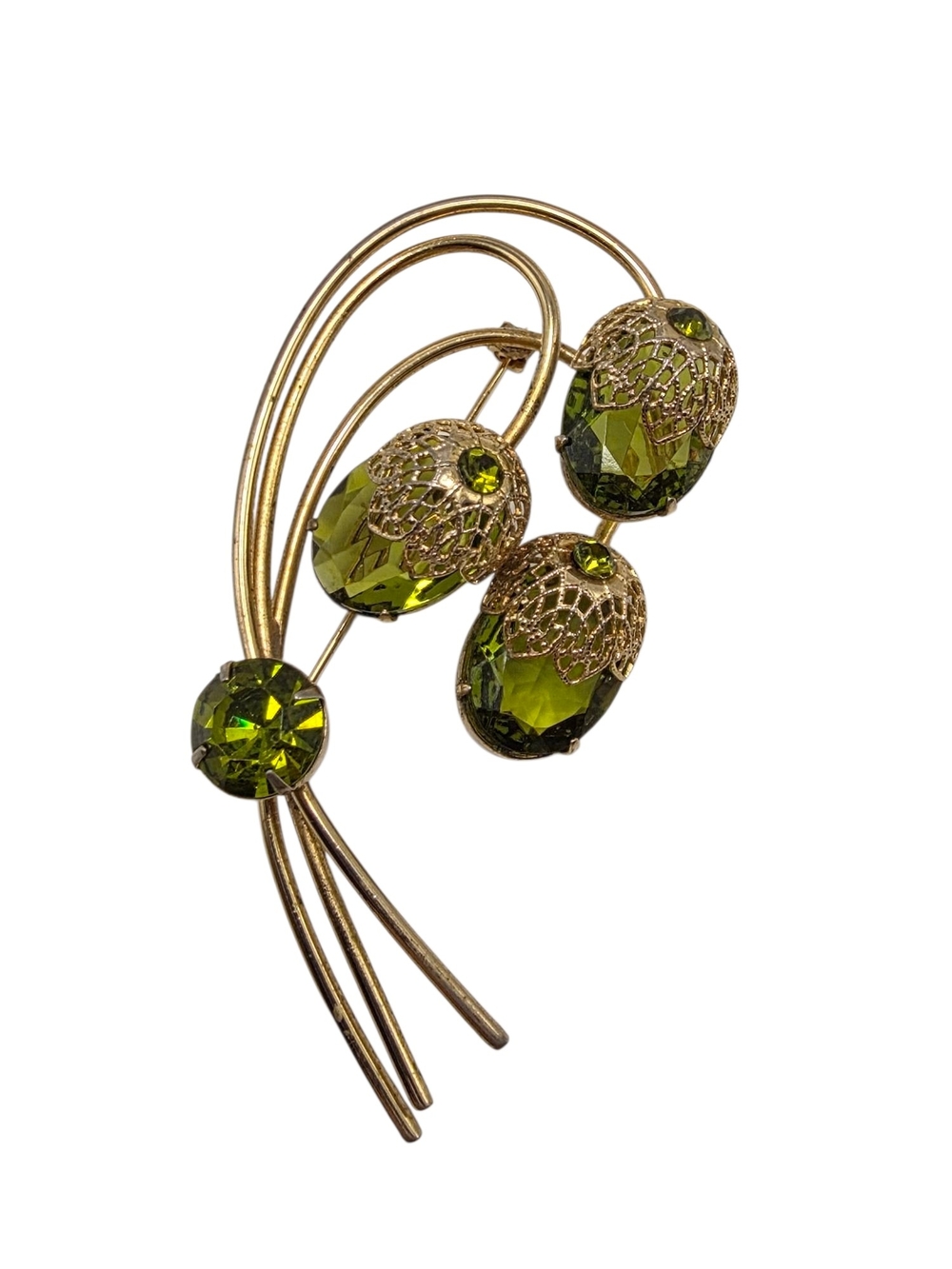 Sarah Coventry Olive Green Crystal Floral Spray Brooch
